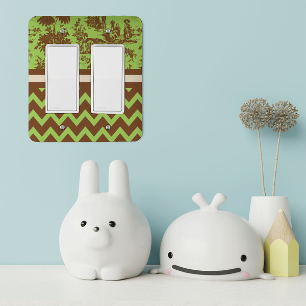 Green & Brown Toile & Chevron Rocker Light Switch Covers - Double - IN CONTEXT
