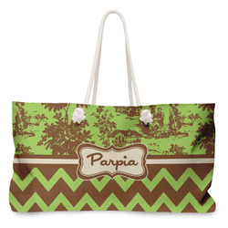 Green & Brown Toile & Chevron Large Tote Bag with Rope Handles (Personalized)
