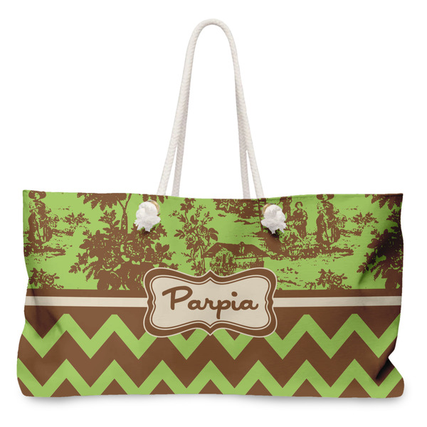 Custom Green & Brown Toile & Chevron Large Tote Bag with Rope Handles (Personalized)