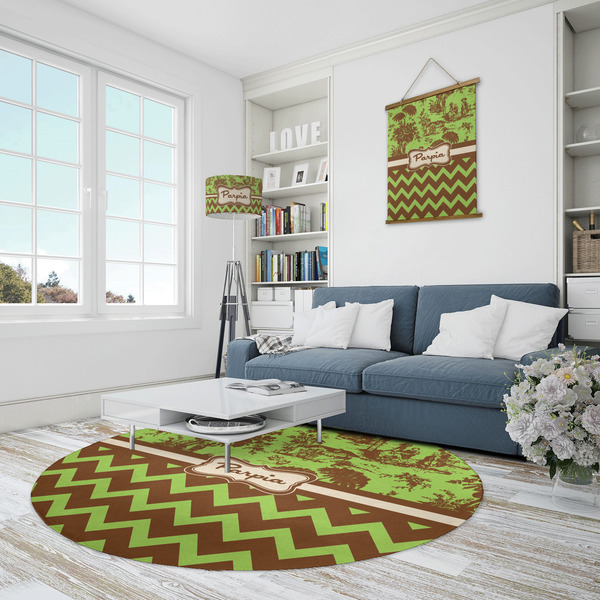 Green & Brown Toile & Chevron Round Area Rug - IN CONTEXT