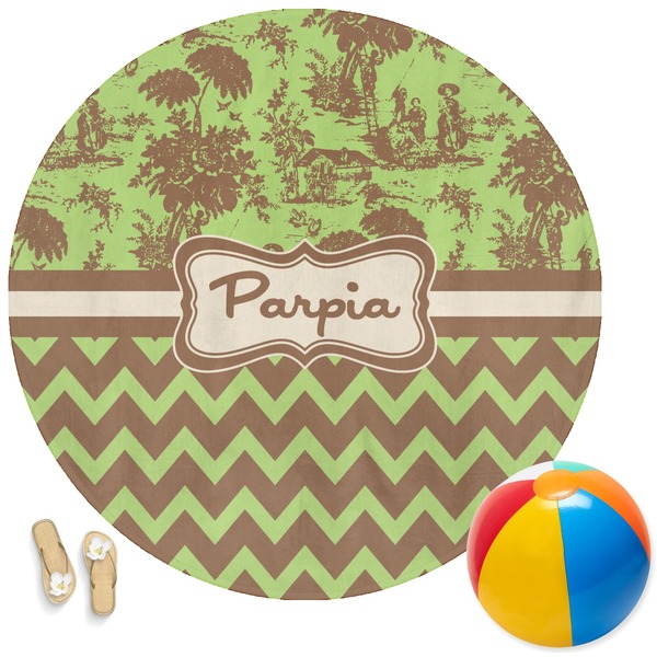 Custom Green & Brown Toile & Chevron Round Beach Towel (Personalized)