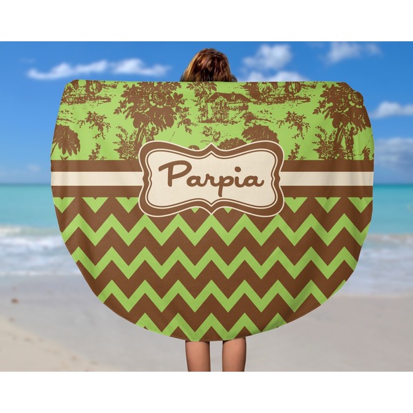 Green & Brown Toile & Chevron Round Beach Towel - In Use