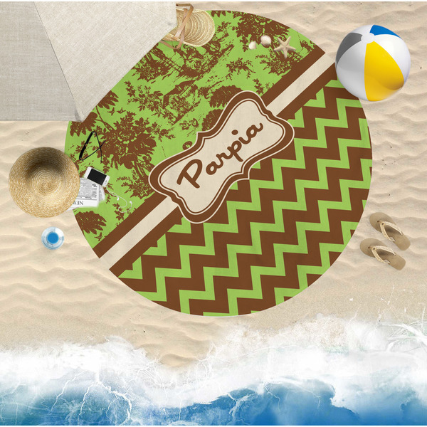 Green & Brown Toile & Chevron Round Beach Towel Lifestyle