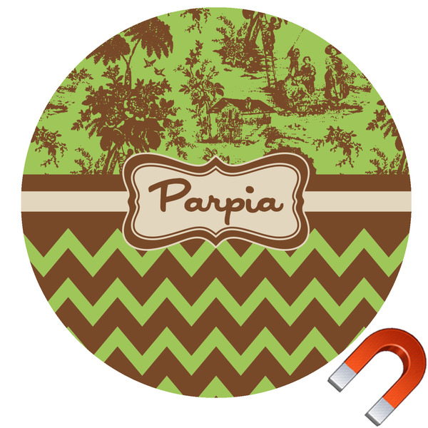 Custom Green & Brown Toile & Chevron Round Car Magnet - 10" (Personalized)