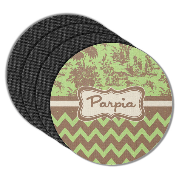 Custom Green & Brown Toile & Chevron Round Rubber Backed Coasters - Set of 4 (Personalized)