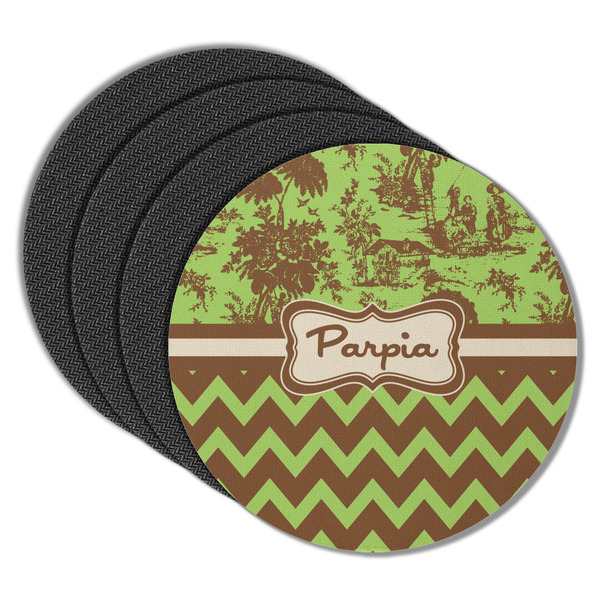 Green & Brown Toile & Chevron Round Coaster Rubber Back - Main