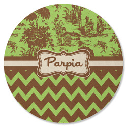 Green & Brown Toile & Chevron Round Rubber Backed Coaster (Personalized)