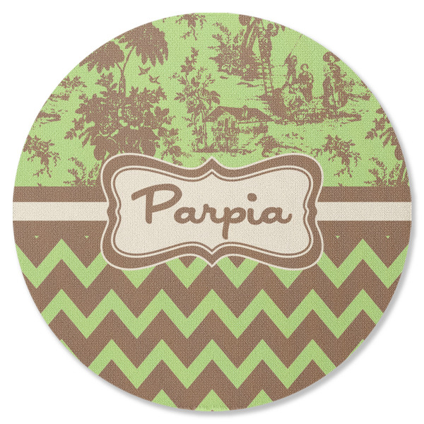 Custom Green & Brown Toile & Chevron Round Rubber Backed Coaster (Personalized)