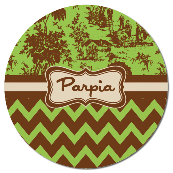 Green & Brown Toile & Chevron Round Fridge Magnet - FRONT