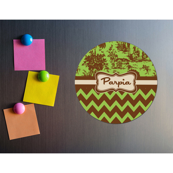 Green & Brown Toile & Chevron Round Fridge Magnet - LIFESTYLE