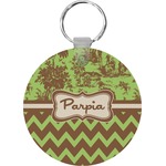 Green & Brown Toile & Chevron Round Plastic Keychain (Personalized)