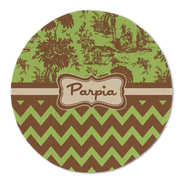 Custom Green & Brown Toile & Chevron Round Linen Placemat (Personalized)