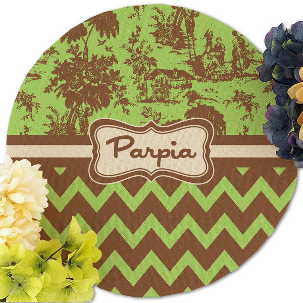 Green & Brown Toile & Chevron Round Linen Placemats - Front (w flowers)