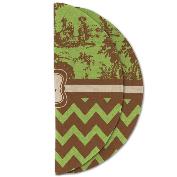 Green & Brown Toile & Chevron Round Linen Placemats - HALF FOLDED (double sided)