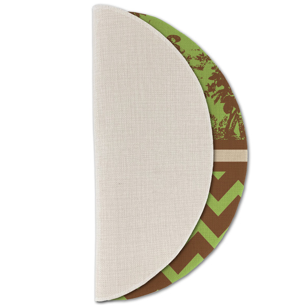 Green & Brown Toile & Chevron Round Linen Placemats - HALF FOLDED (single sided)