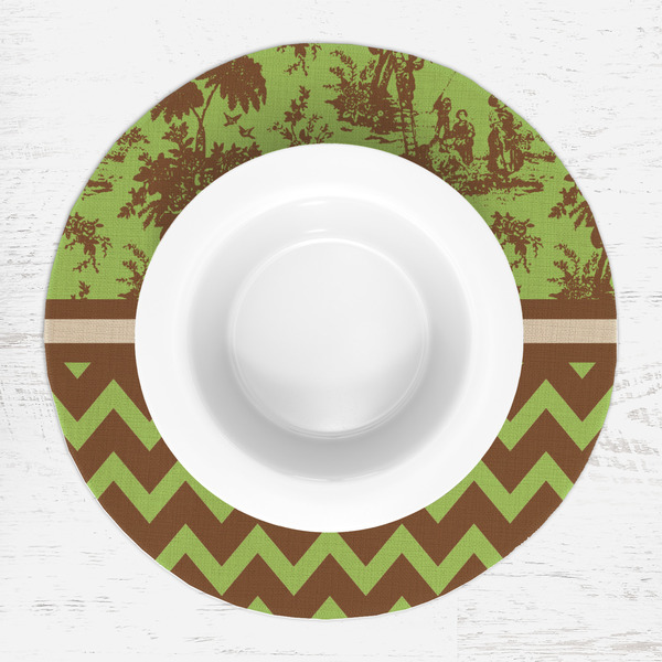 Green & Brown Toile & Chevron Round Linen Placemats - LIFESTYLE (single)