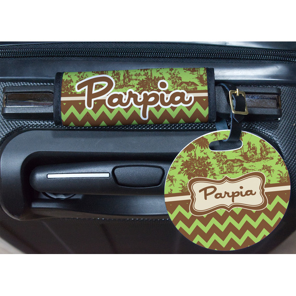 Green & Brown Toile & Chevron Round Luggage Tag & Handle Wrap - In Context