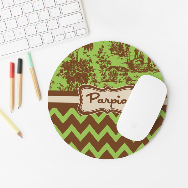 Green & Brown Toile & Chevron Round Mousepad - LIFESTYLE 2