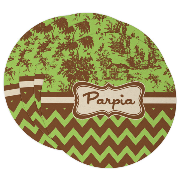 Custom Green & Brown Toile & Chevron Round Paper Coasters w/ Name or Text
