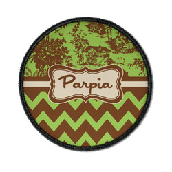 Green & Brown Toile & Chevron Iron On Round Patch w/ Name or Text