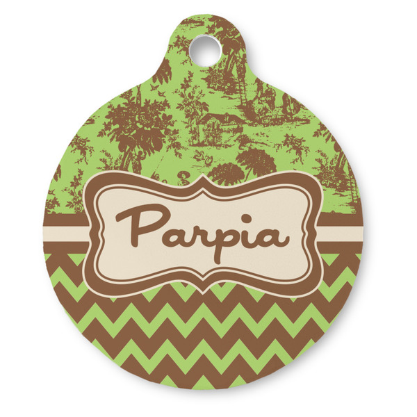 Custom Green & Brown Toile & Chevron Round Pet ID Tag (Personalized)