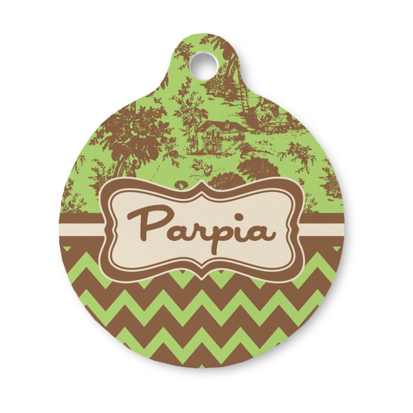 Custom Green & Brown Toile & Chevron Round Pet ID Tag - Small (Personalized)