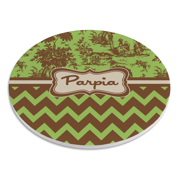 Green & Brown Toile & Chevron Round Stone Trivet - Angle View