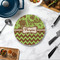 Green & Brown Toile & Chevron Round Stone Trivet - In Context View