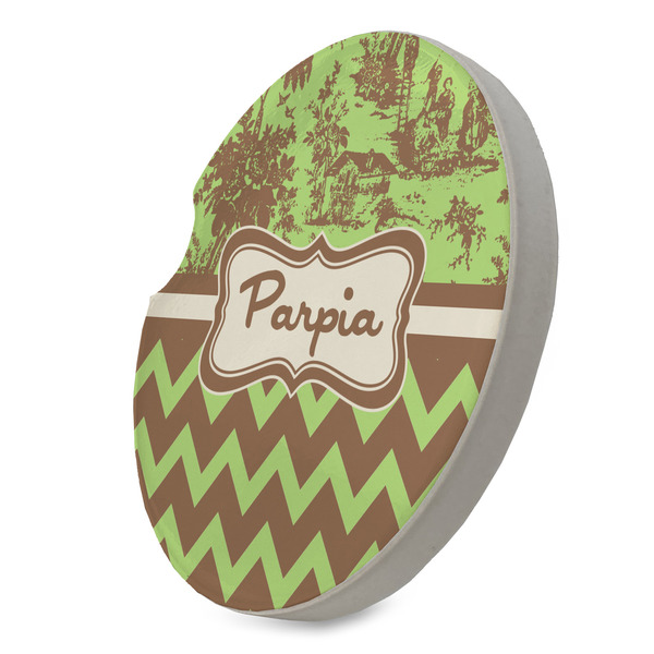 Green & Brown Toile & Chevron Sandstone Car Coaster - STANDING ANGLE