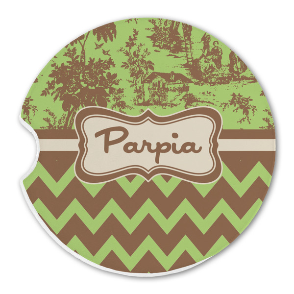 Custom Green & Brown Toile & Chevron Sandstone Car Coaster - Single (Personalized)