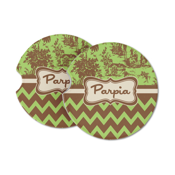 Custom Green & Brown Toile & Chevron Sandstone Car Coasters - Set of 2 (Personalized)