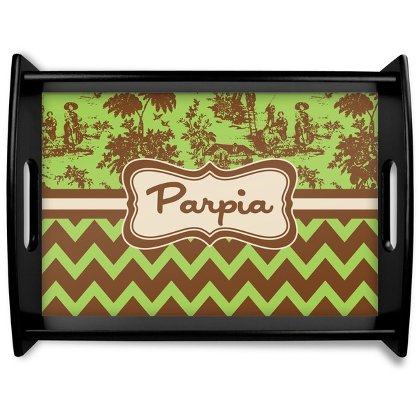 Custom Green & Brown Toile & Chevron Black Wooden Tray - Large (Personalized)