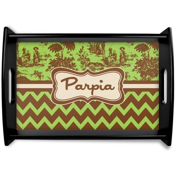 Custom Green & Brown Toile & Chevron Black Wooden Tray - Small (Personalized)