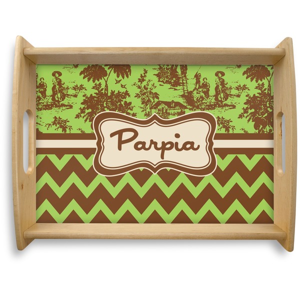 Custom Green & Brown Toile & Chevron Natural Wooden Tray - Large (Personalized)