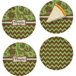 Green & Brown Toile & Chevron Set of 4 Glass Appetizer / Dessert Plate 8" (Personalized)