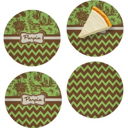 Green & Brown Toile & Chevron Set of 4 Glass Appetizer / Dessert Plate 8" (Personalized)