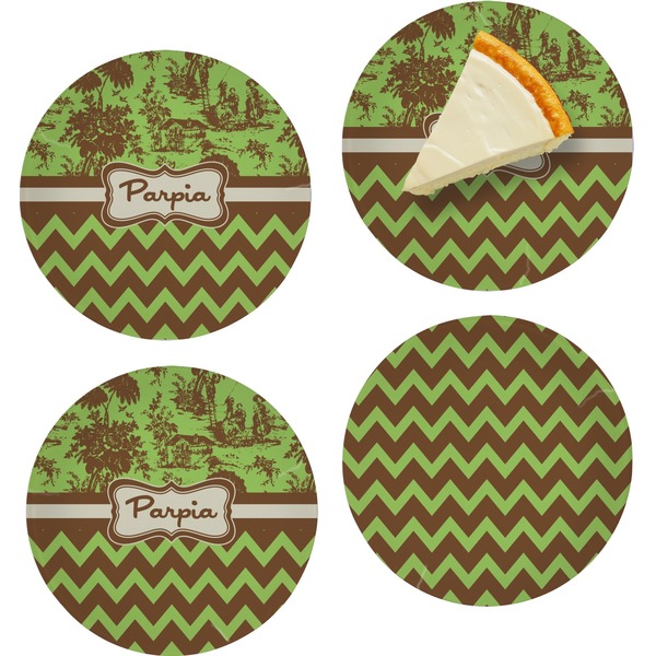 Custom Green & Brown Toile & Chevron Set of 4 Glass Appetizer / Dessert Plate 8" (Personalized)