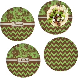 Green & Brown Toile & Chevron Set of 4 Glass Lunch / Dinner Plate 10" (Personalized)