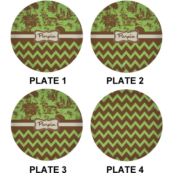Green & Brown Toile & Chevron Set of Lunch / Dinner Plates (Approval)