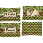 Green & Brown Toile & Chevron Set of 4 Glass Rectangular Appetizer / Dessert Plate (Personalized)