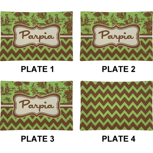 Green & Brown Toile & Chevron Set of Rectangular Appetizer / Dessert Plates (Approval)