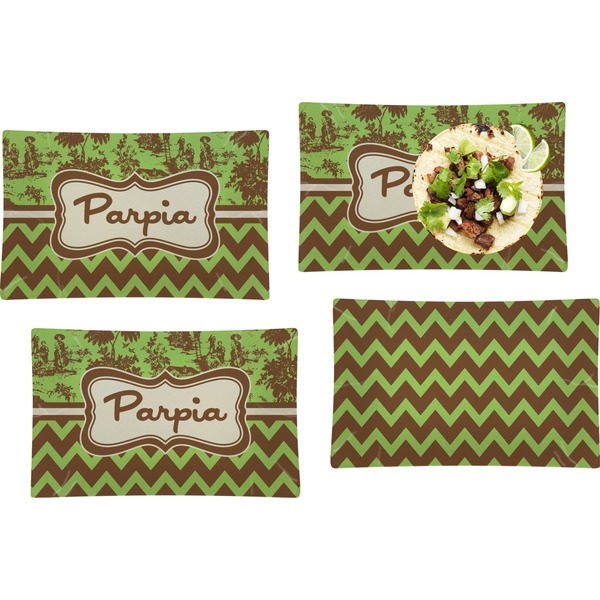 Custom Green & Brown Toile & Chevron Set of 4 Glass Rectangular Lunch / Dinner Plate (Personalized)