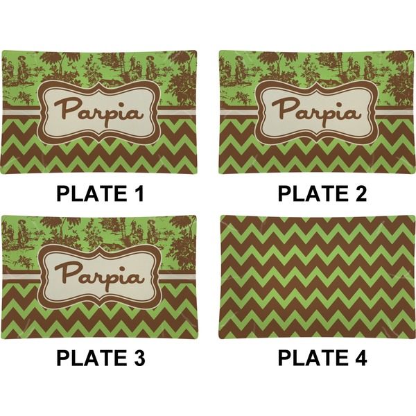 Green & Brown Toile & Chevron Set of Rectangular Dinner Plates (Approval)