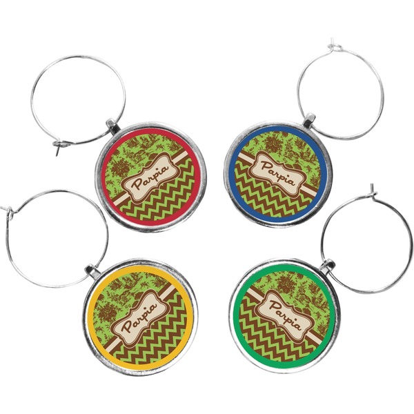 Custom Green & Brown Toile & Chevron Wine Charms (Set of 4) (Personalized)