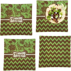 Green & Brown Toile & Chevron Set of 4 Glass Square Lunch / Dinner Plate 9.5" (Personalized)