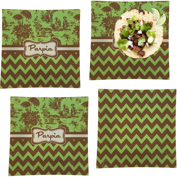 Custom Green & Brown Toile & Chevron Set of 4 Glass Square Lunch / Dinner Plate 9.5" (Personalized)