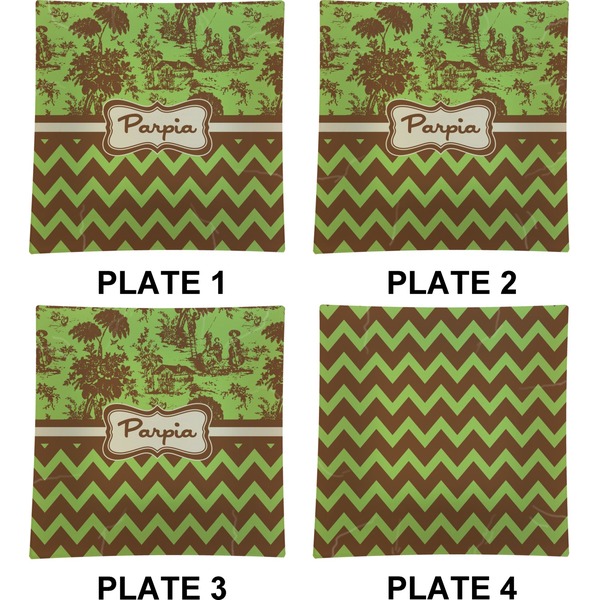 Green & Brown Toile & Chevron Set of Square Dinner Plates (Approval)
