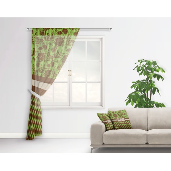 Green & Brown Toile & Chevron Sheer Curtain With Window and Rod - in Room Matching Pillow