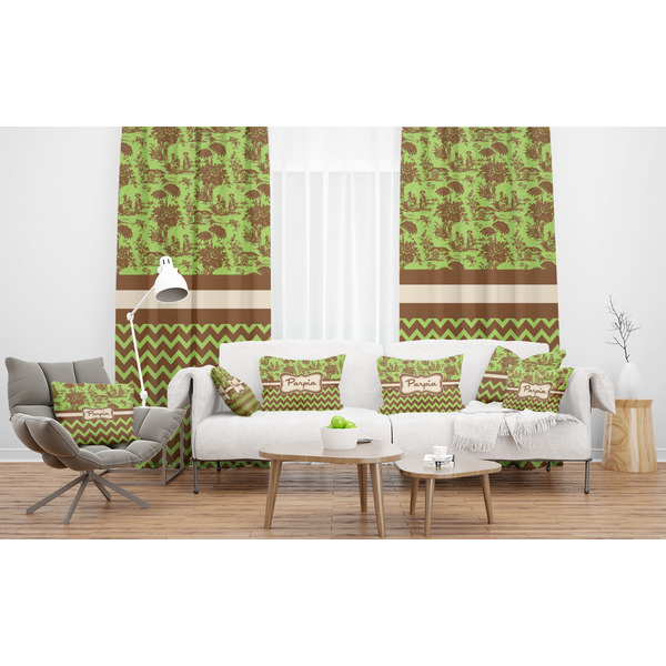 Green & Brown Toile & Chevron Sheer and Custom Curtains in Room with Matching Pillows