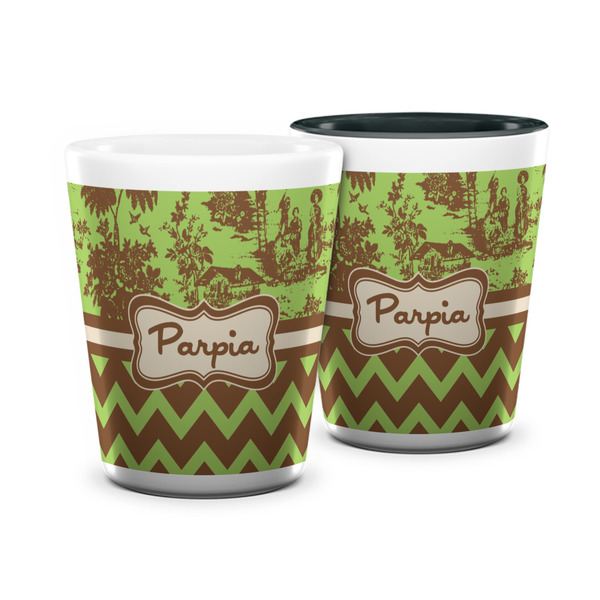 Custom Green & Brown Toile & Chevron Ceramic Shot Glass - 1.5 oz (Personalized)